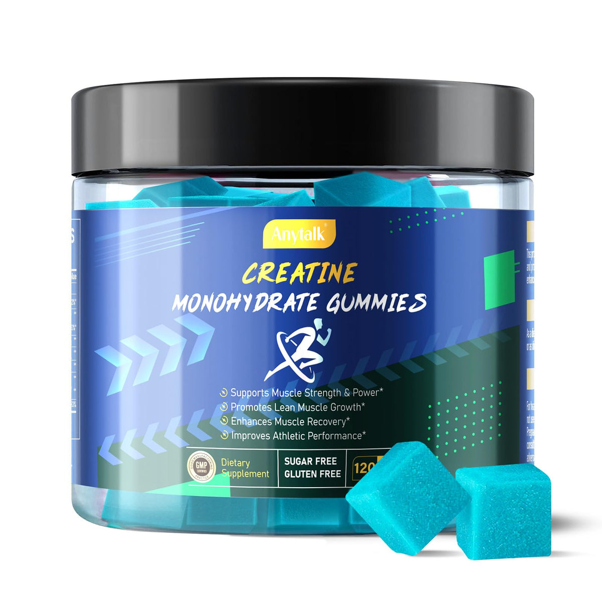 ANYTALK Creatine Monohydrate Gummies bottle for convenient muscle support during workouts.