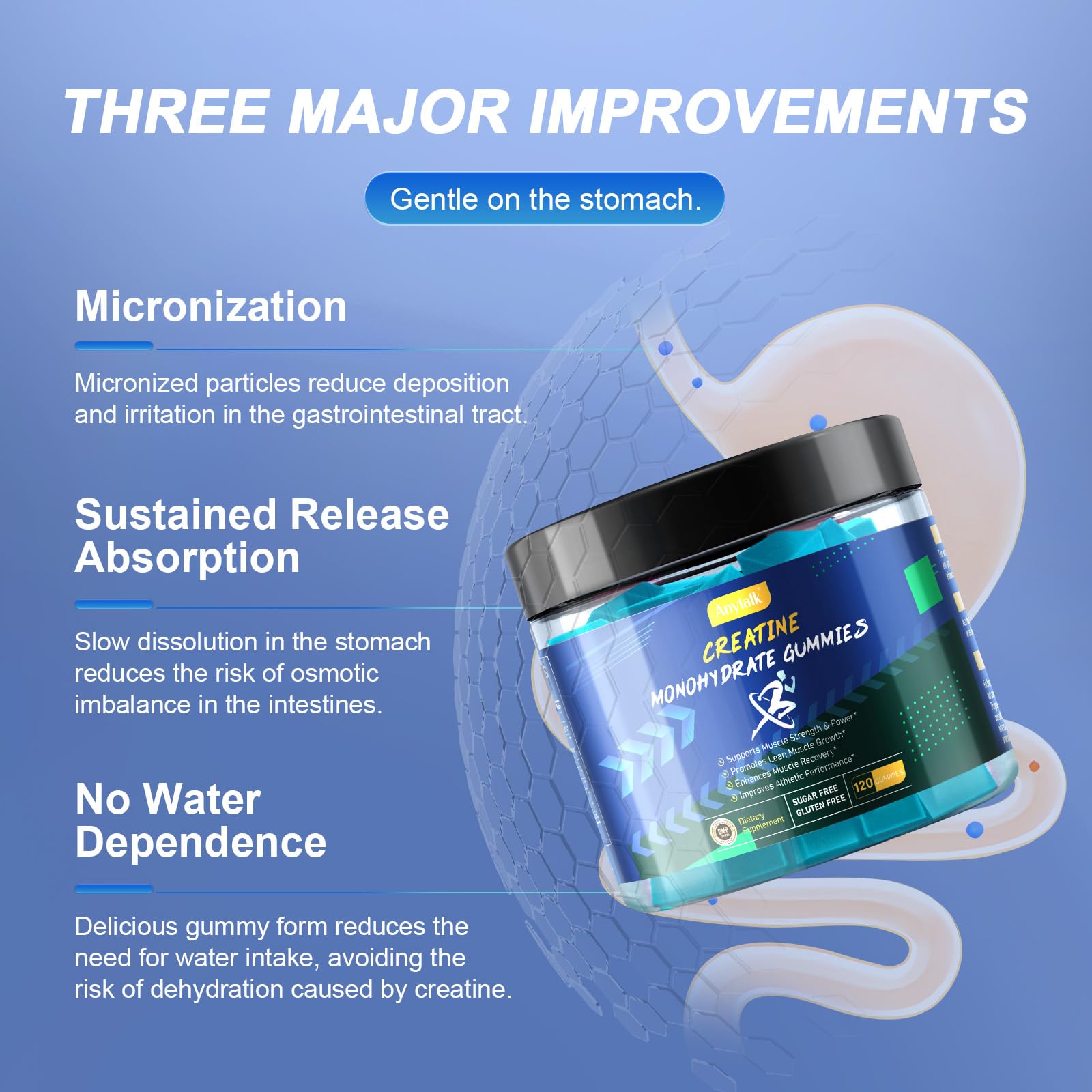 ANYTALK Creatine Monohydrate Gummies GMP-certified facility badge signals quality.