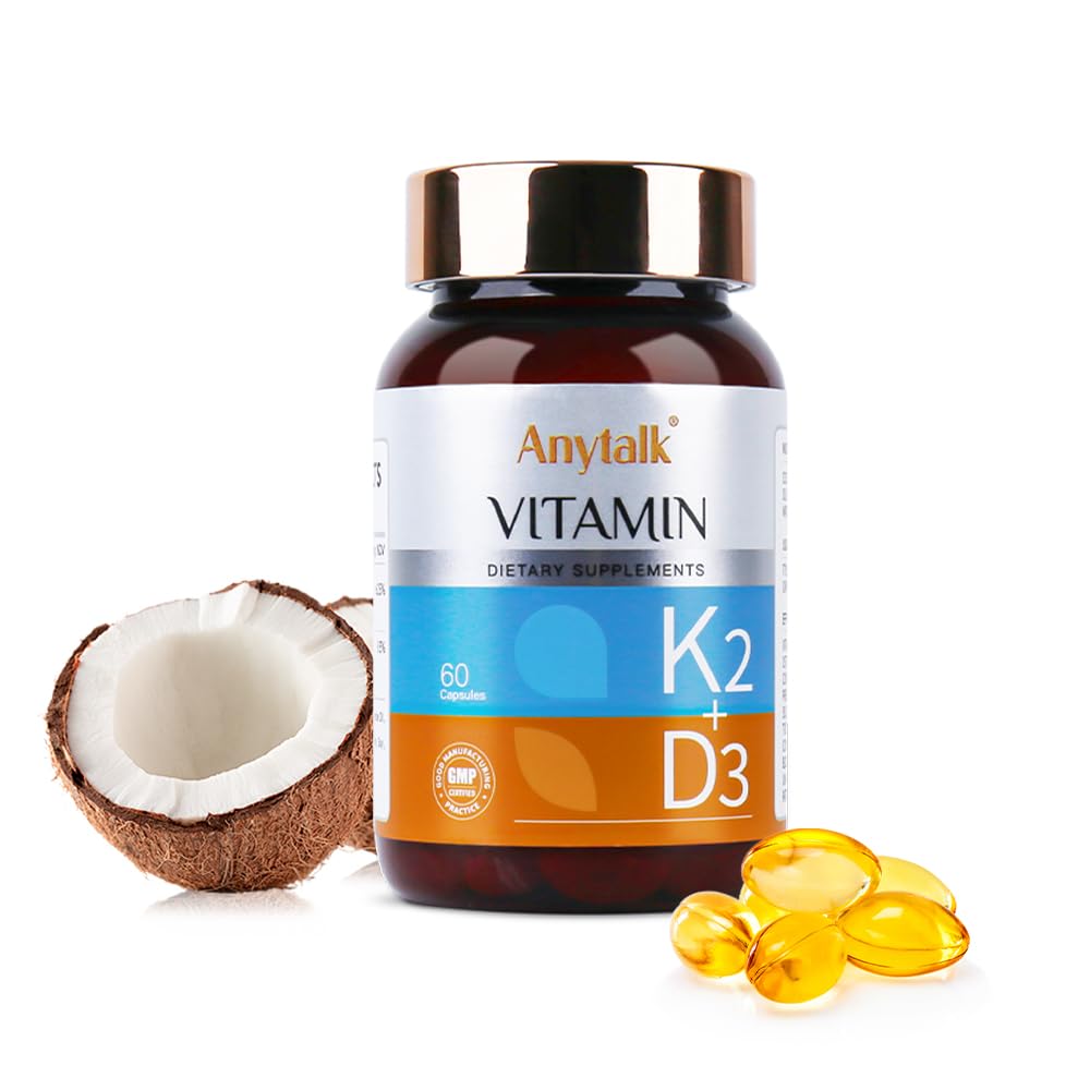 ANYTALK Vitamin D3 K2 bottle close-up showing high-absorption formula.