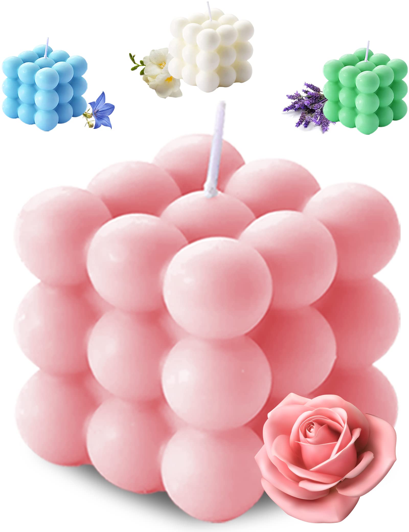 Candela de burbujas Aokala en cubo rosa, aroma floral suave para ambientar.