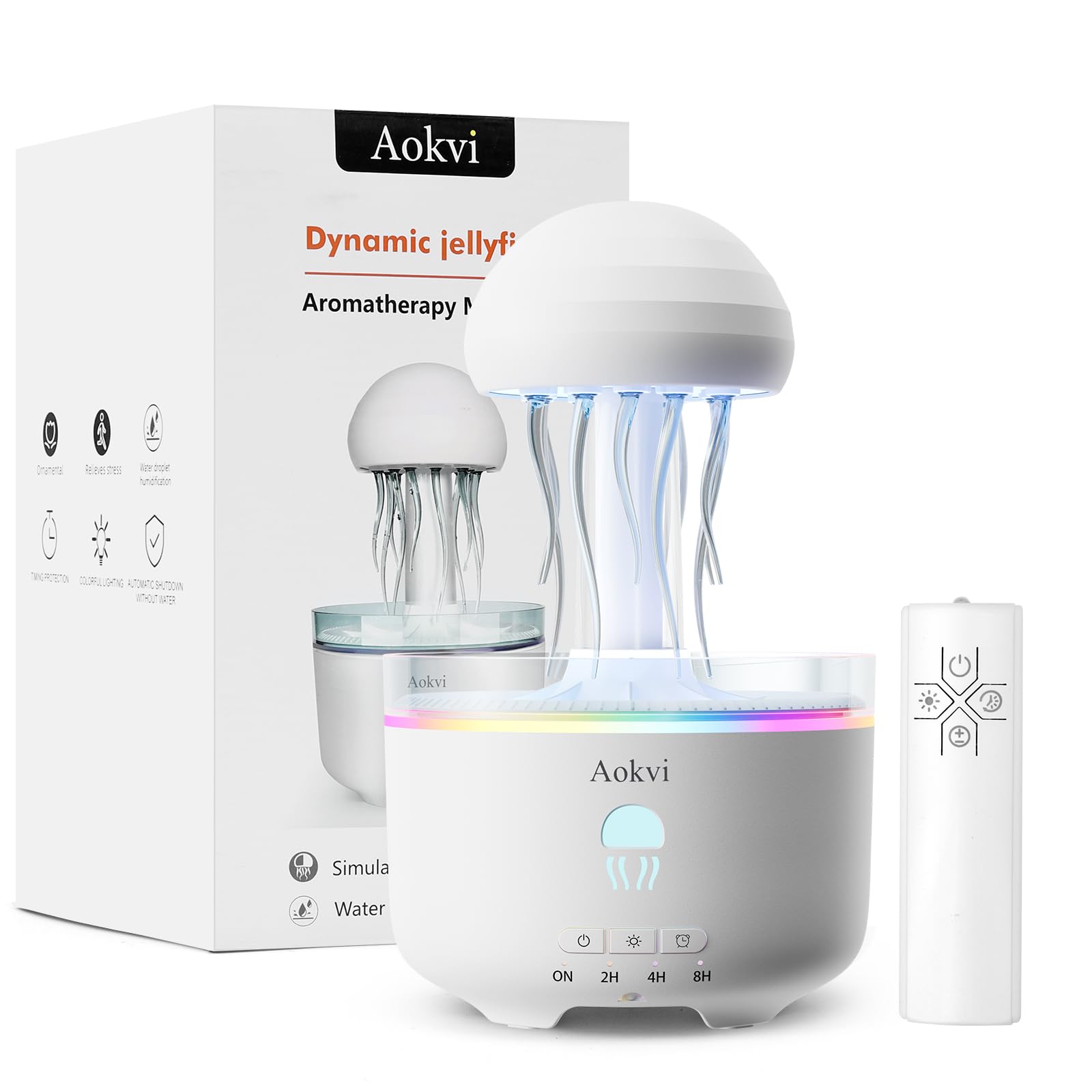 Aokvi jellyfish diffuser front view with soft ambient glow for relaxation.