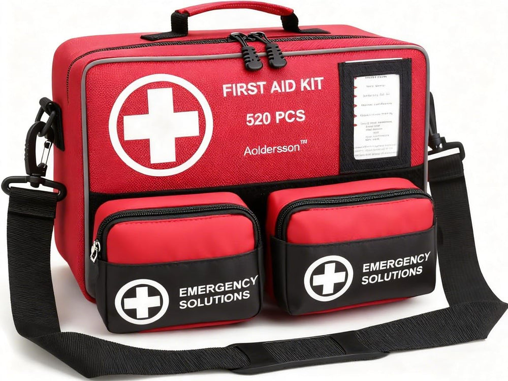 Aoldersson 520-piece first aid kit open with supplies ready for emergencies