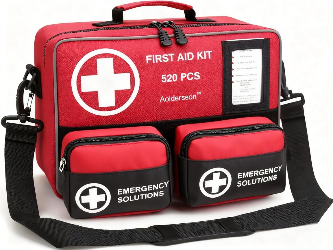 Aoldersson 520-piece first aid kit open with supplies ready for emergencies