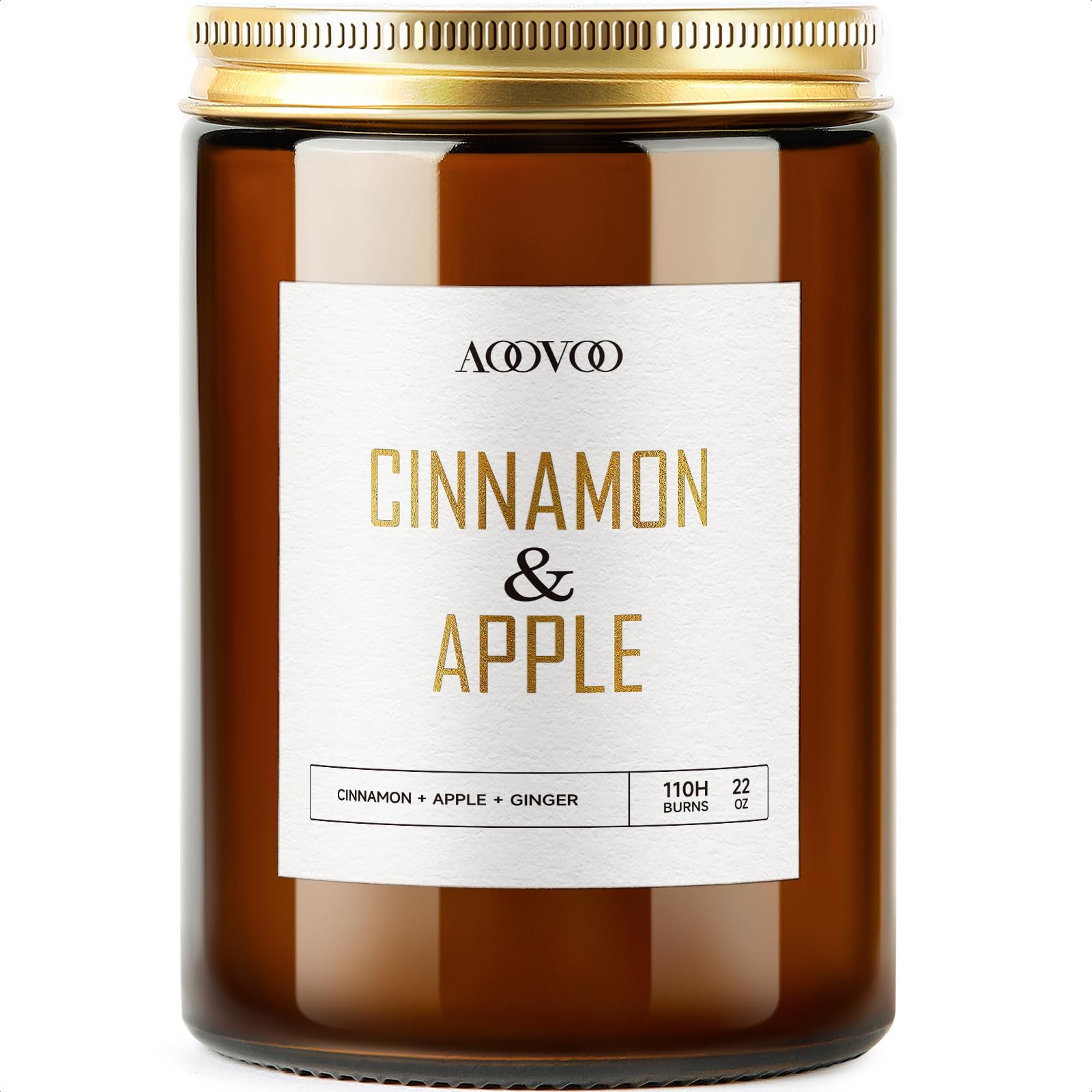 AOOVOO jar front view showing apple cinnamon scent and elegant gold text benefit: decorative display