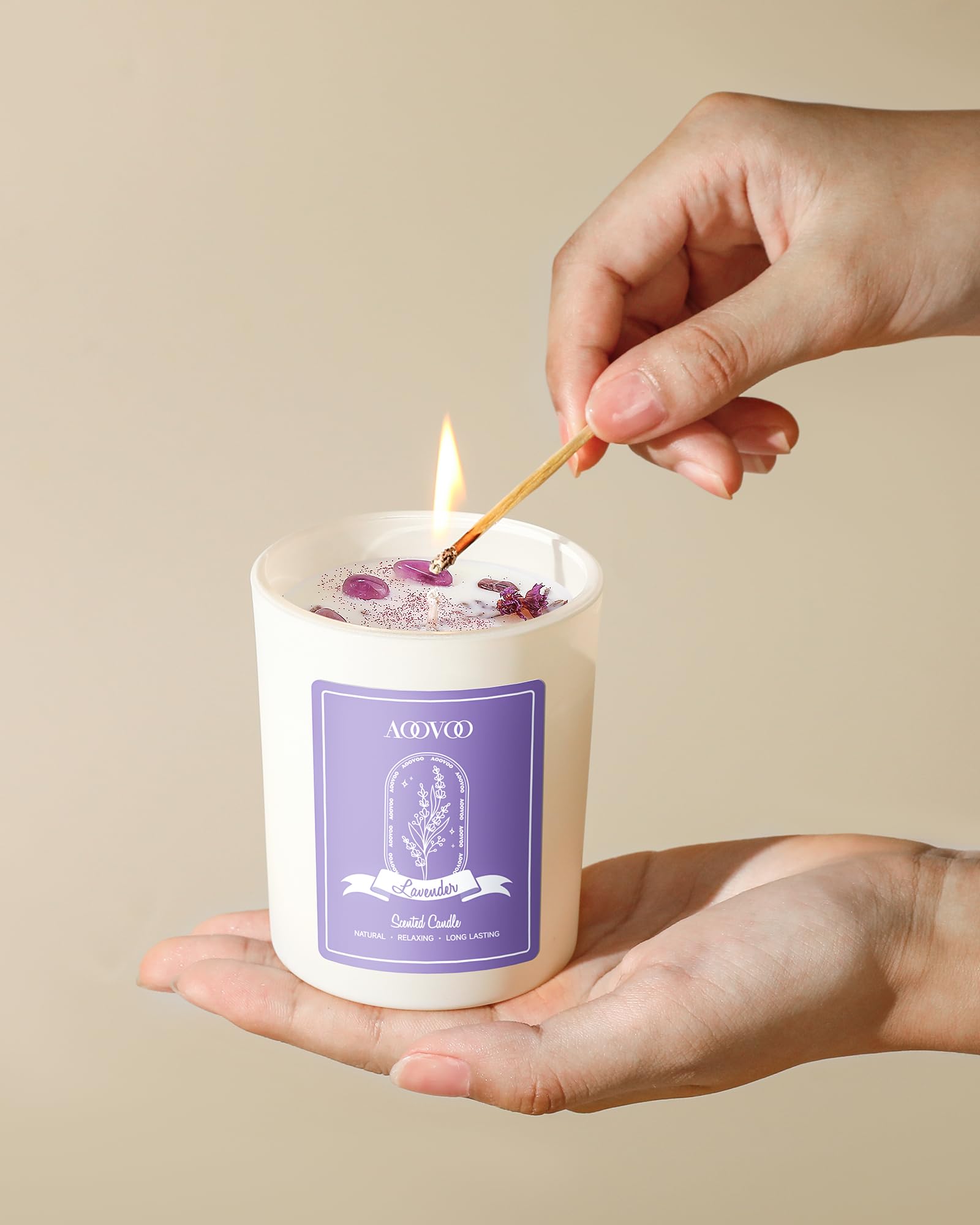 Group view of AOOVOO Lavender Candles 4-pack burning softly