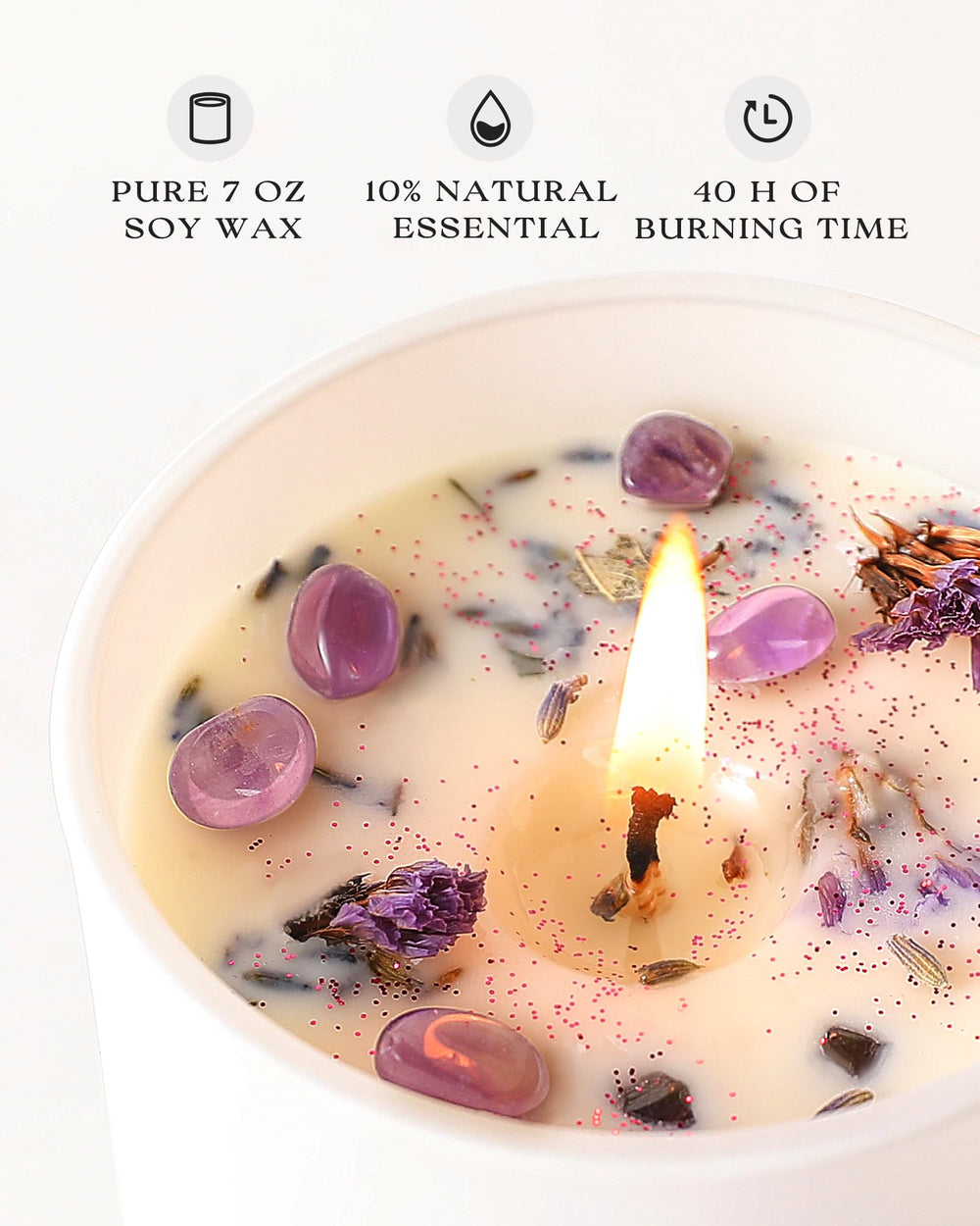Candle with crystals inside and lavender scent in close view