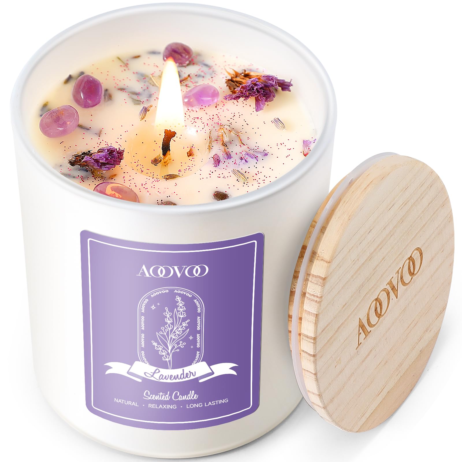 AOOVOO lavender scented candle closeup releasing a calming aroma for a cozy space.