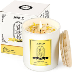 AOOVOO vanilla scented candle with crystals inside for calming ambiance.