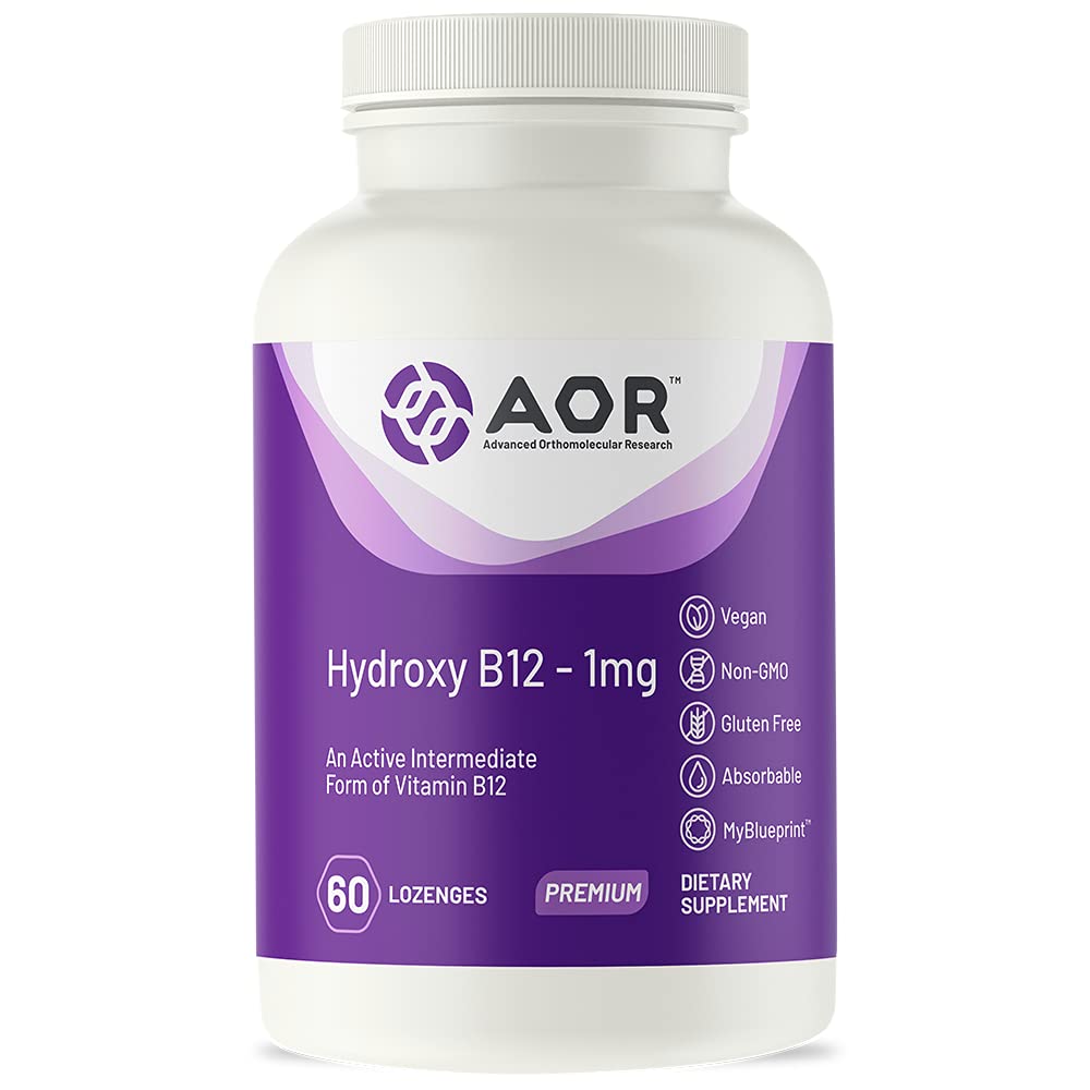 AOR Hydroxy B12 bottle close-up, highlighting vegan B12 option for daily support.