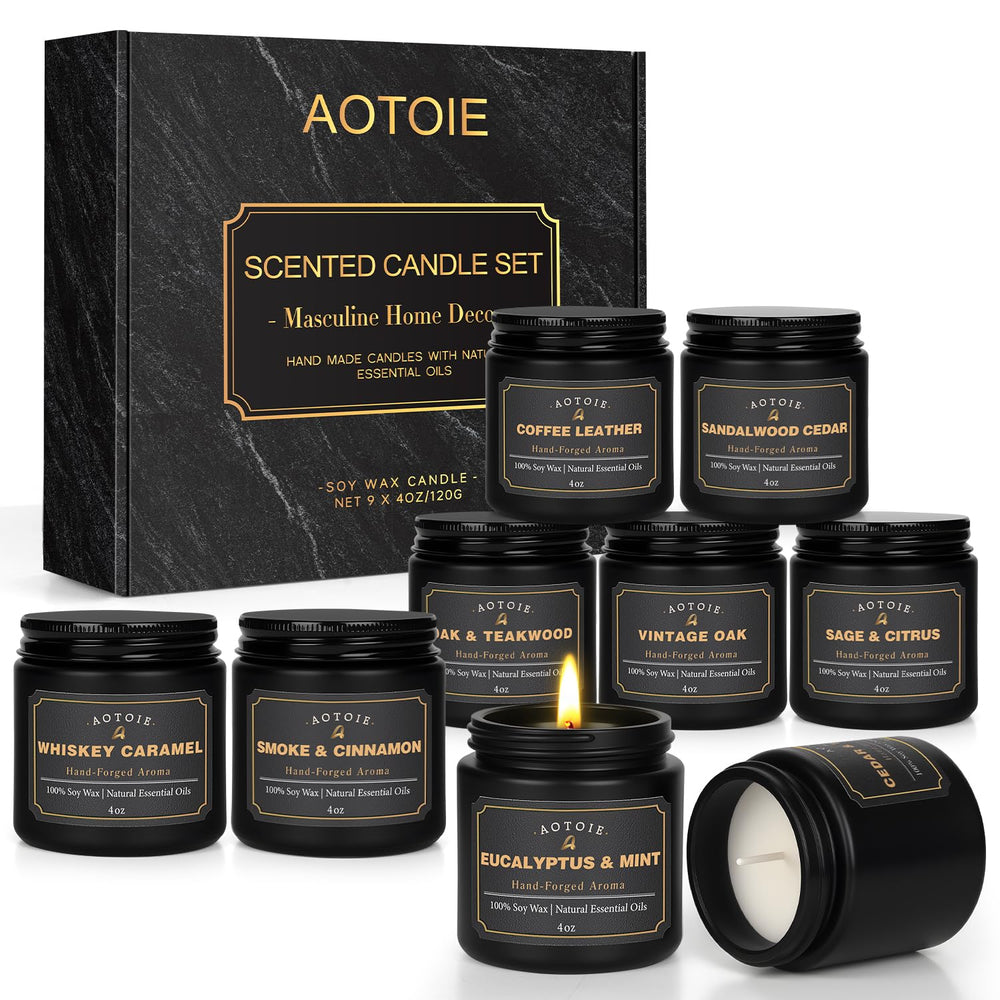 AOTOIE men's scented candle set, nine-pack, ideal for gifting and cozy spaces.