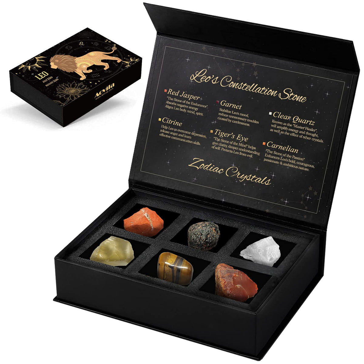 Aovila Leo Crystals Gift Set box closeup showing polished stones for uplifting energy