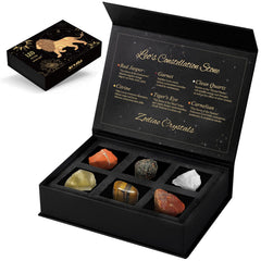 Aovila Leo Crystals Gift Set box closeup showing polished stones for uplifting energy