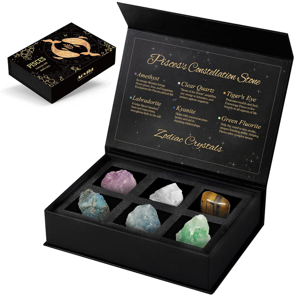 Aovila Pisces crystals gift set box front with zodiac icon and positive energy