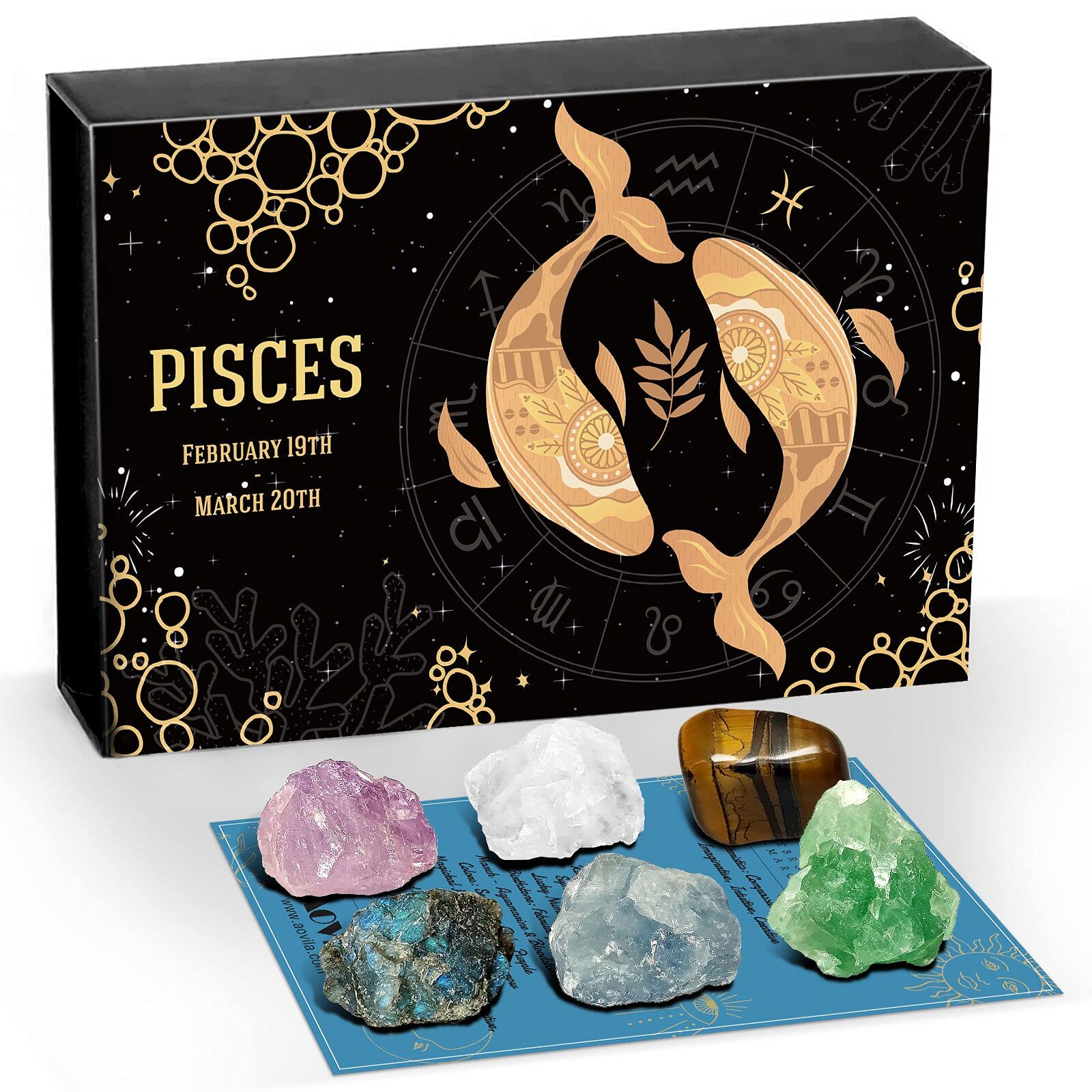 Aovila Pisces gift set box open showing stones and card details