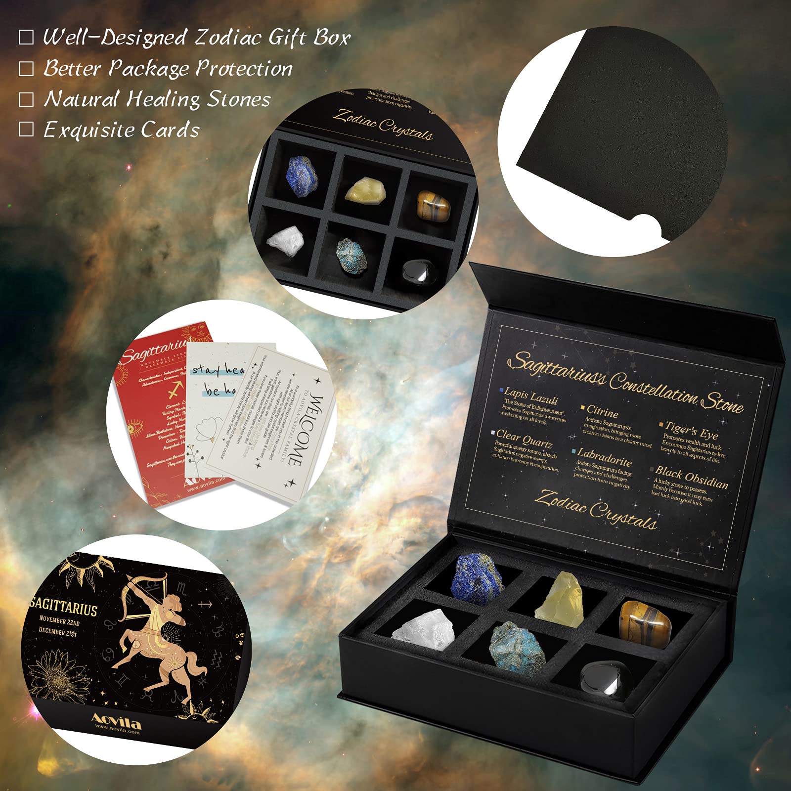 Aovila Sagittarius crystals featuring Labradorite for protection and resonance