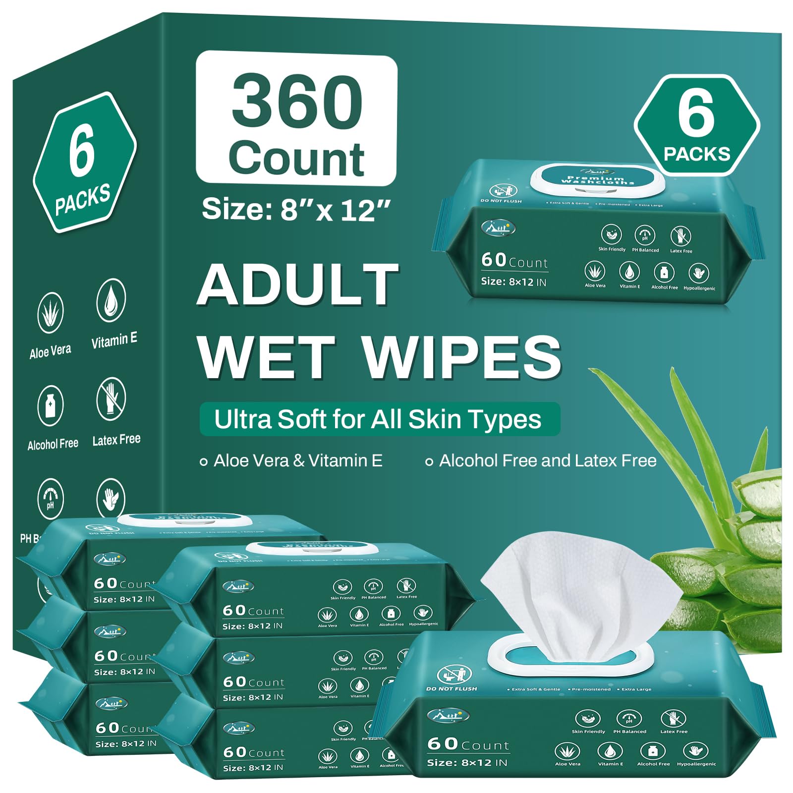 AOZITA 360-count adult wipes on the front of the pack, convenient for caregivers.