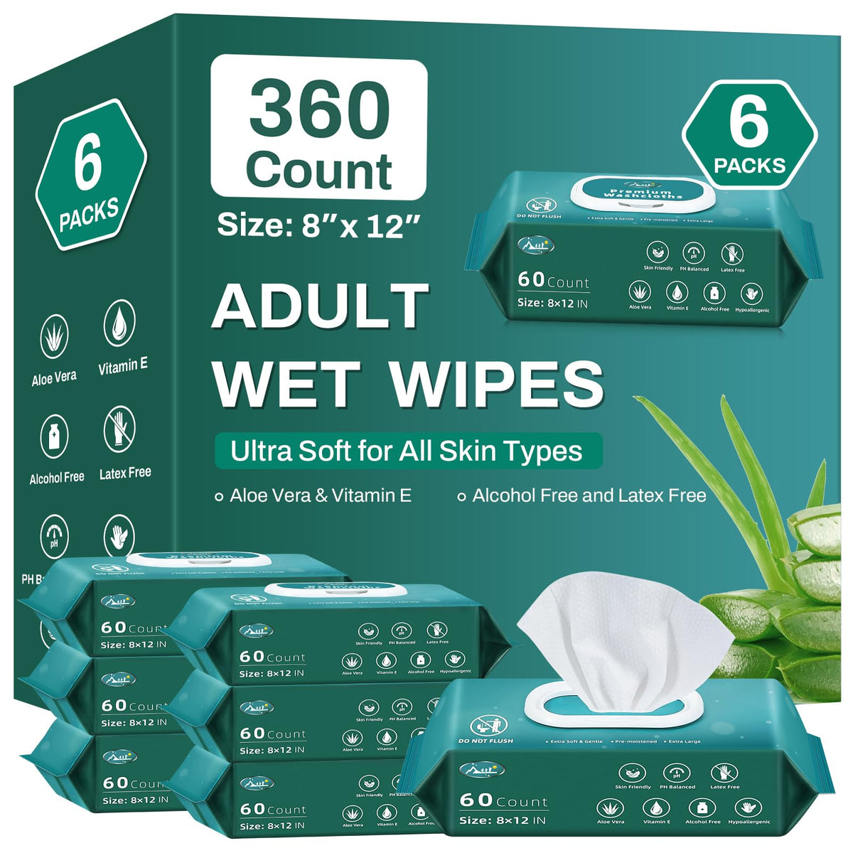 AOZITA 360-count adult wipes on the front of the pack, convenient for caregivers.