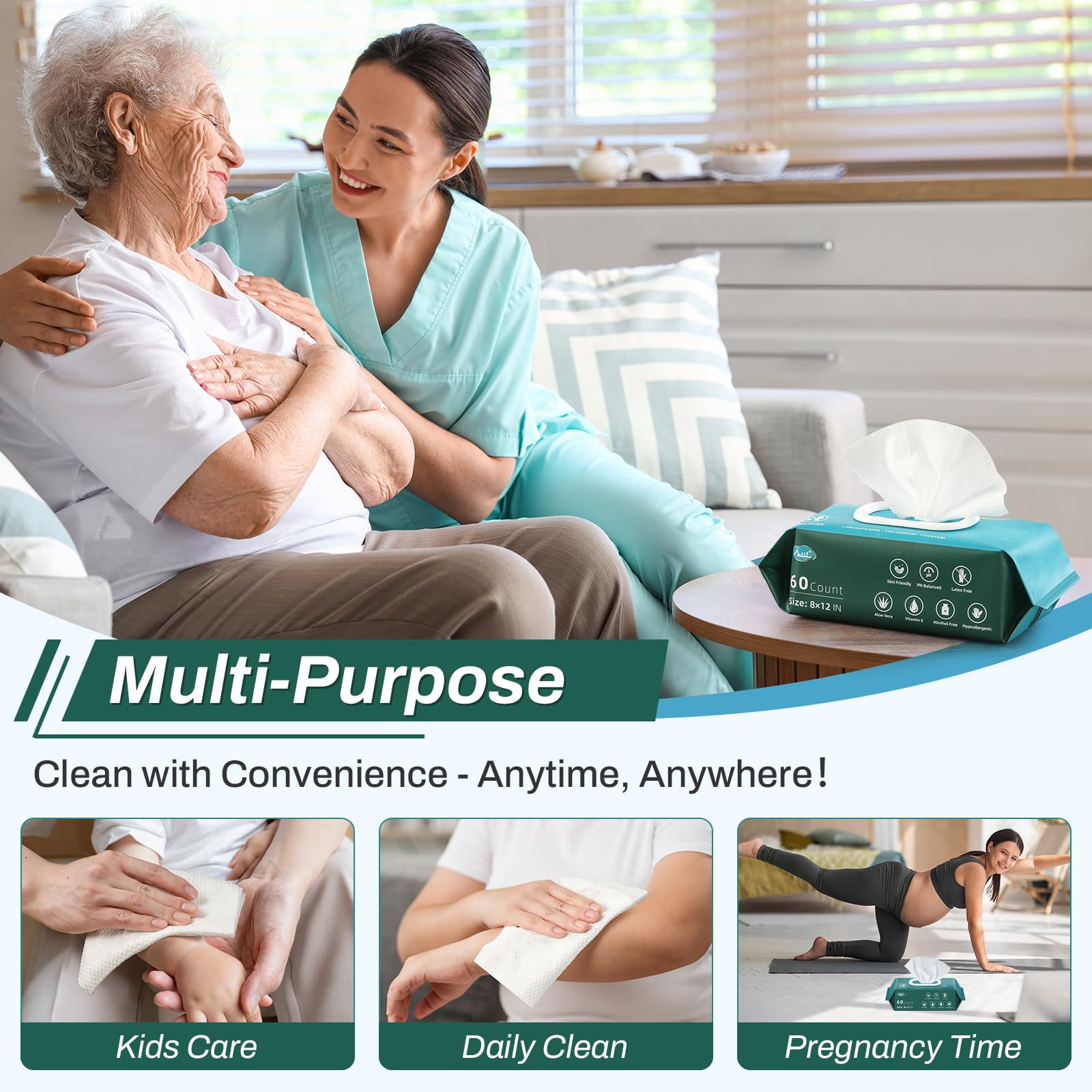 AOZITA multipurpose care wipes for home, travel, and bedside care.