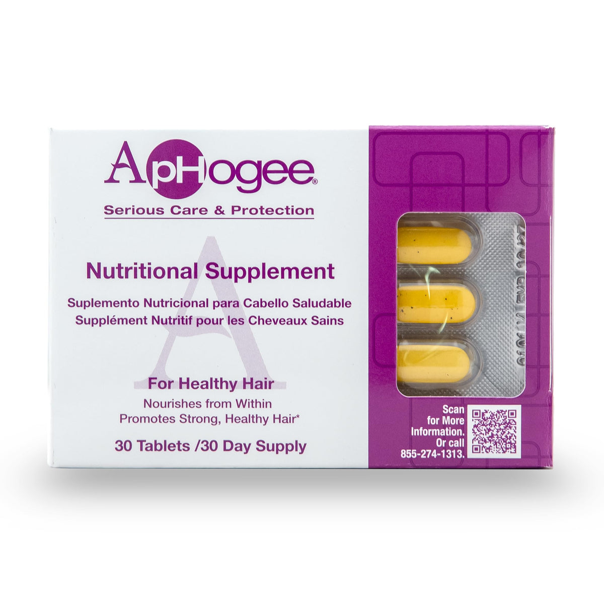 Aphogee Nutritional Supplement bottle front promotes nourished hair from within.