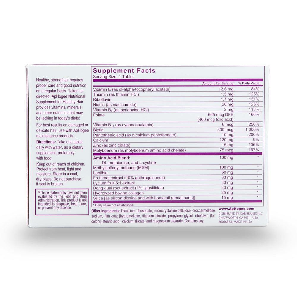 Aphogee tablets close-up highlighting Biotin and MSM for stronger hair.