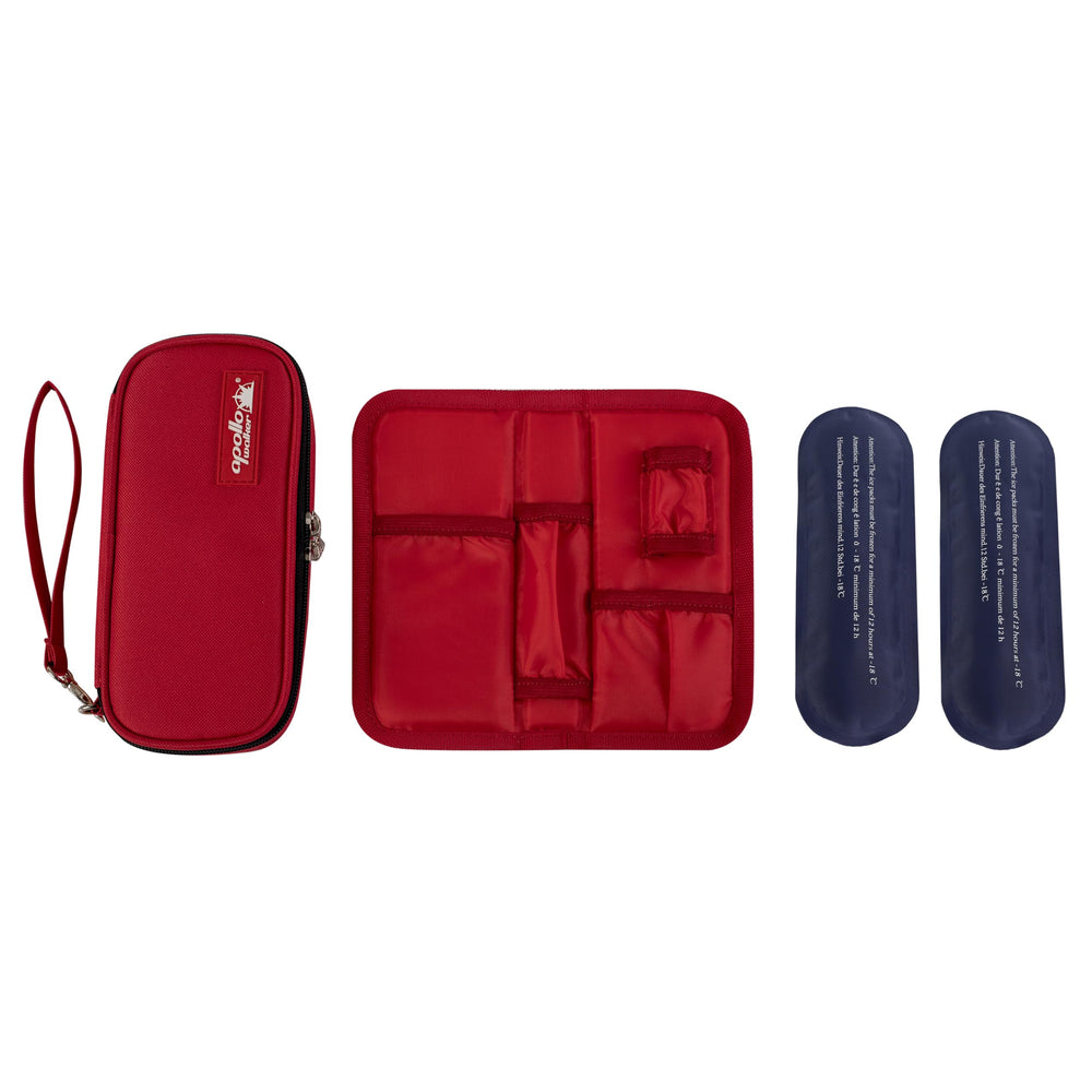 Detachable top handle on Apollo Walker insulin cooler for convenient carry
