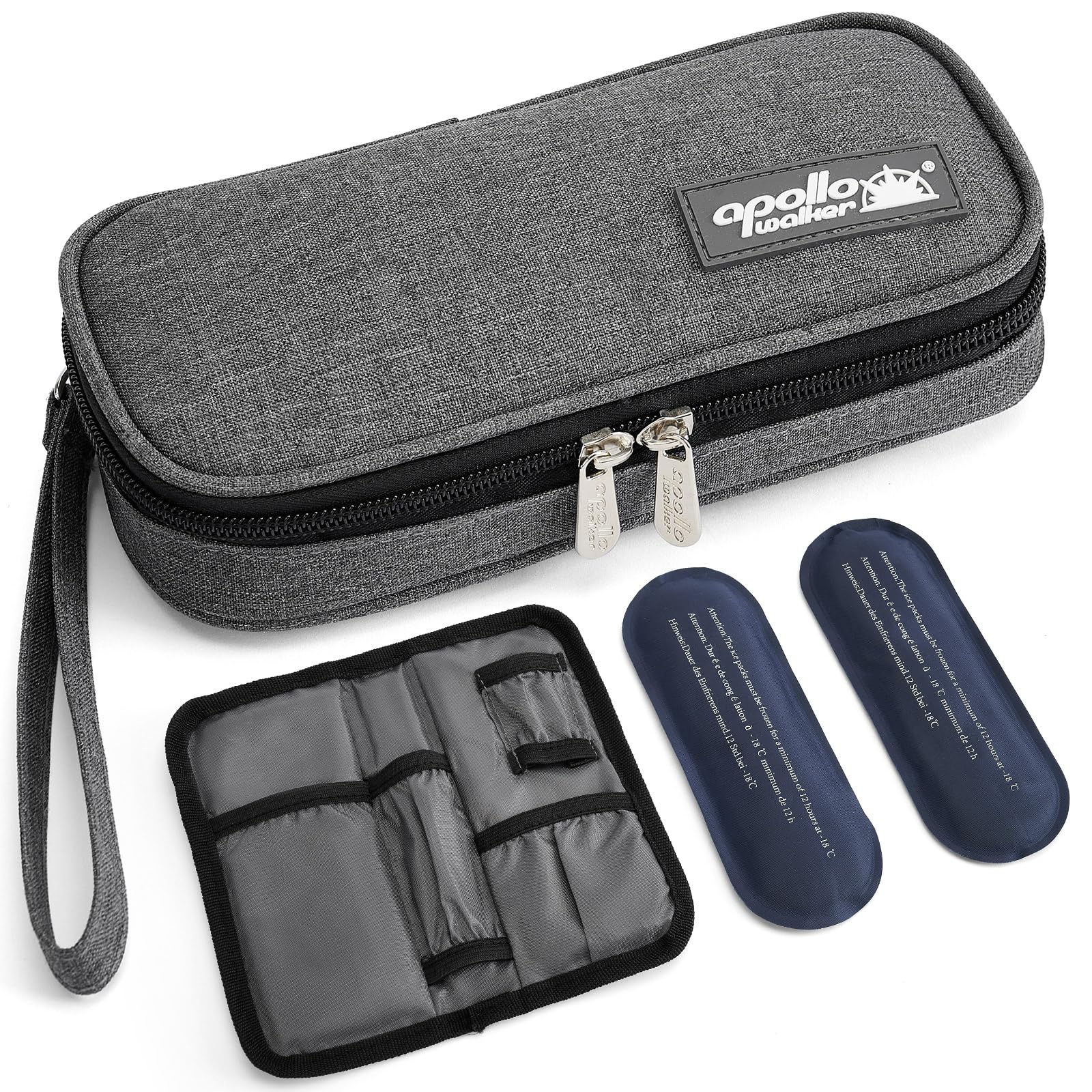 Apollo Walker insulin cooler case open view shows gel packs for travel protection
