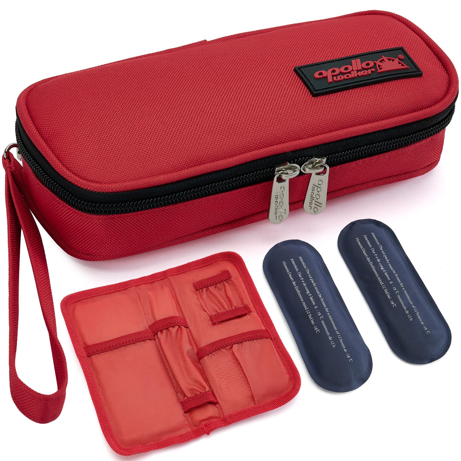 Apollo Walker insulin cooler travel case shown with compact form under airplane seat for easy travel