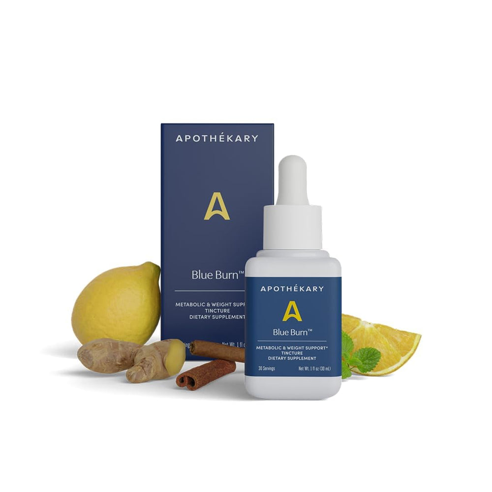 Apothékary Blue Burn liquid drops bottle emphasizing energy-support formula