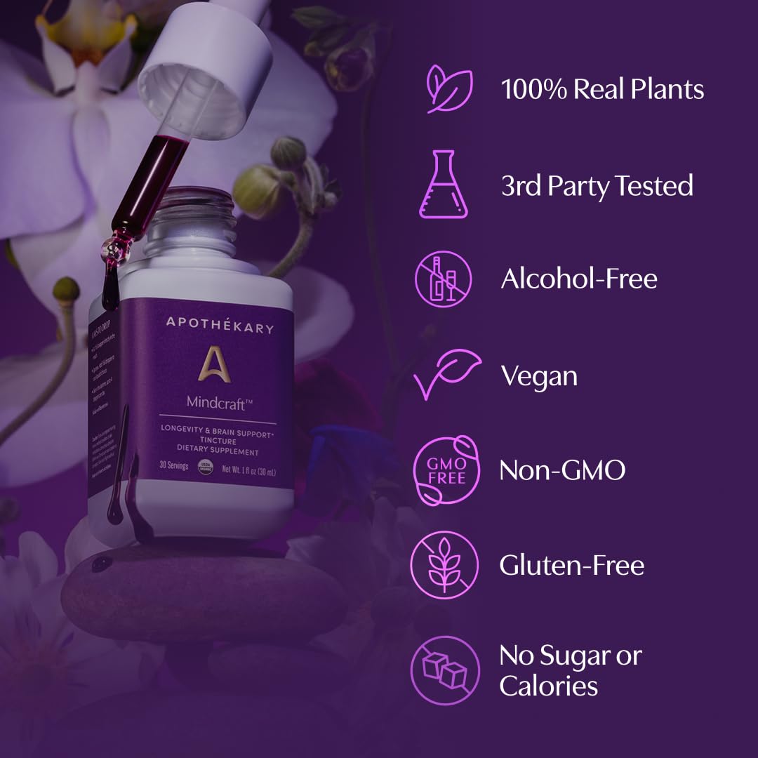 Apothekary Mindcraft vegan-certified badge highlights plant-based wellness.