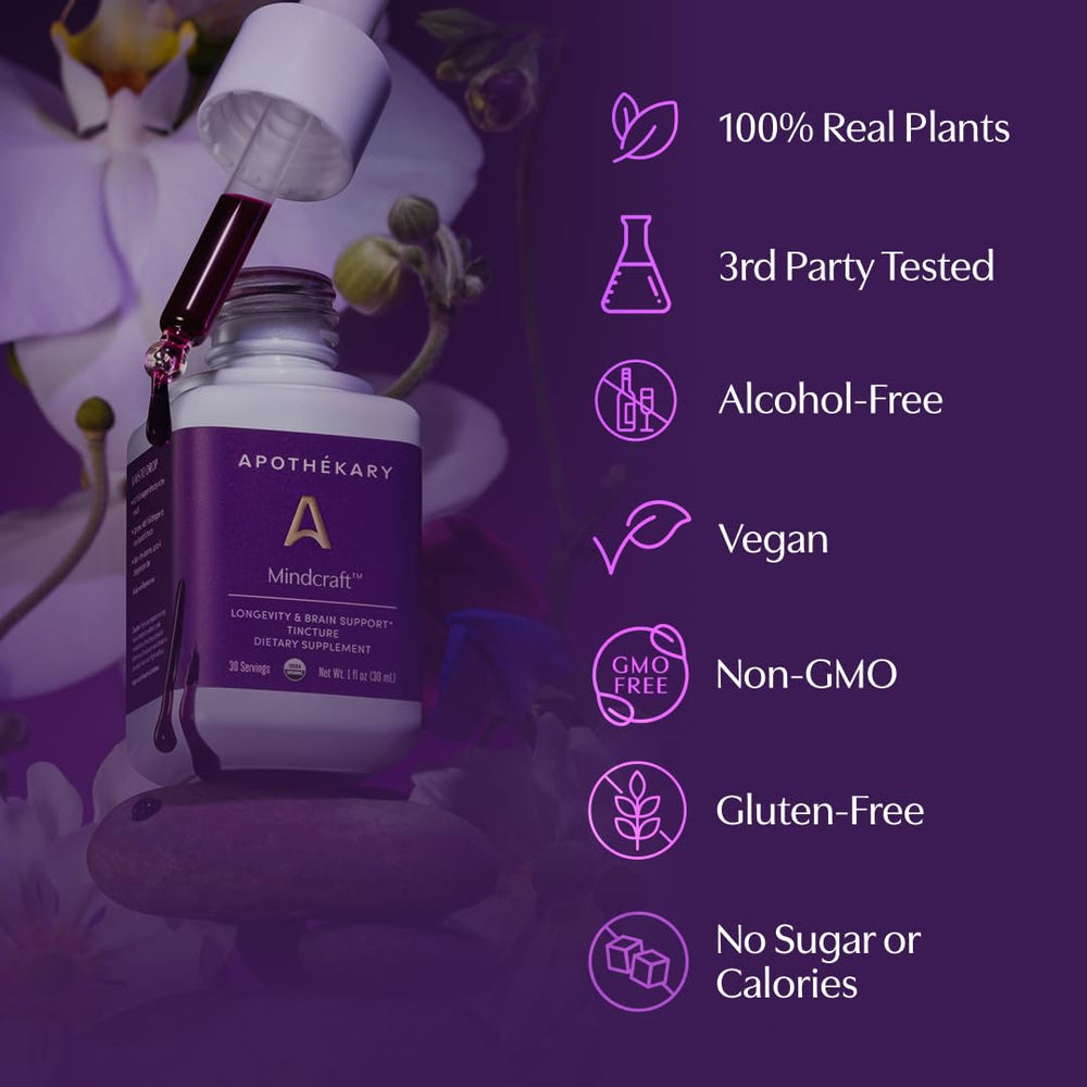 Apothekary Mindcraft vegan-certified badge highlights plant-based wellness.