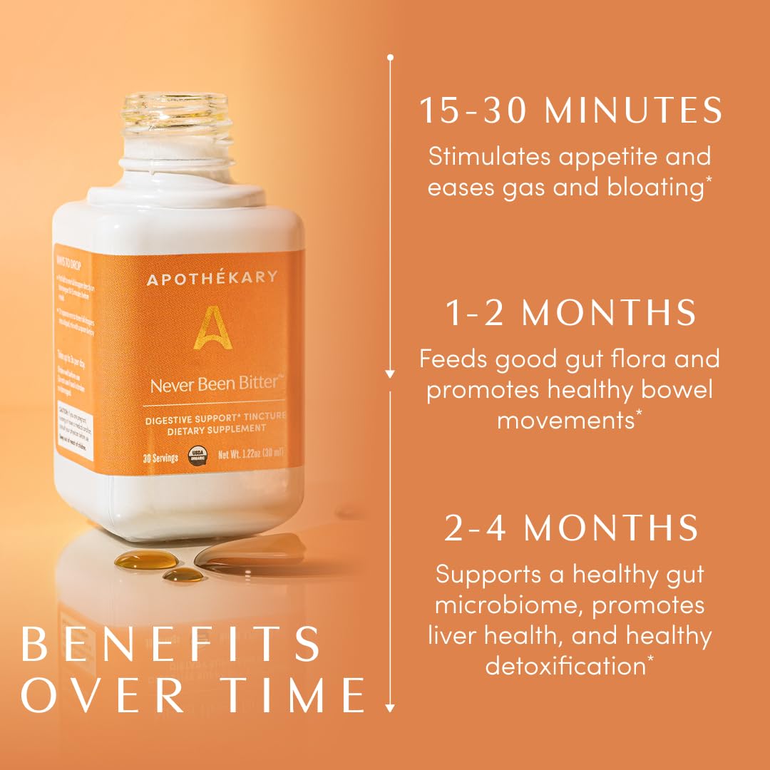 Apothekary Never Been Bitter label shows certifications and clean sourcing for trusted quality