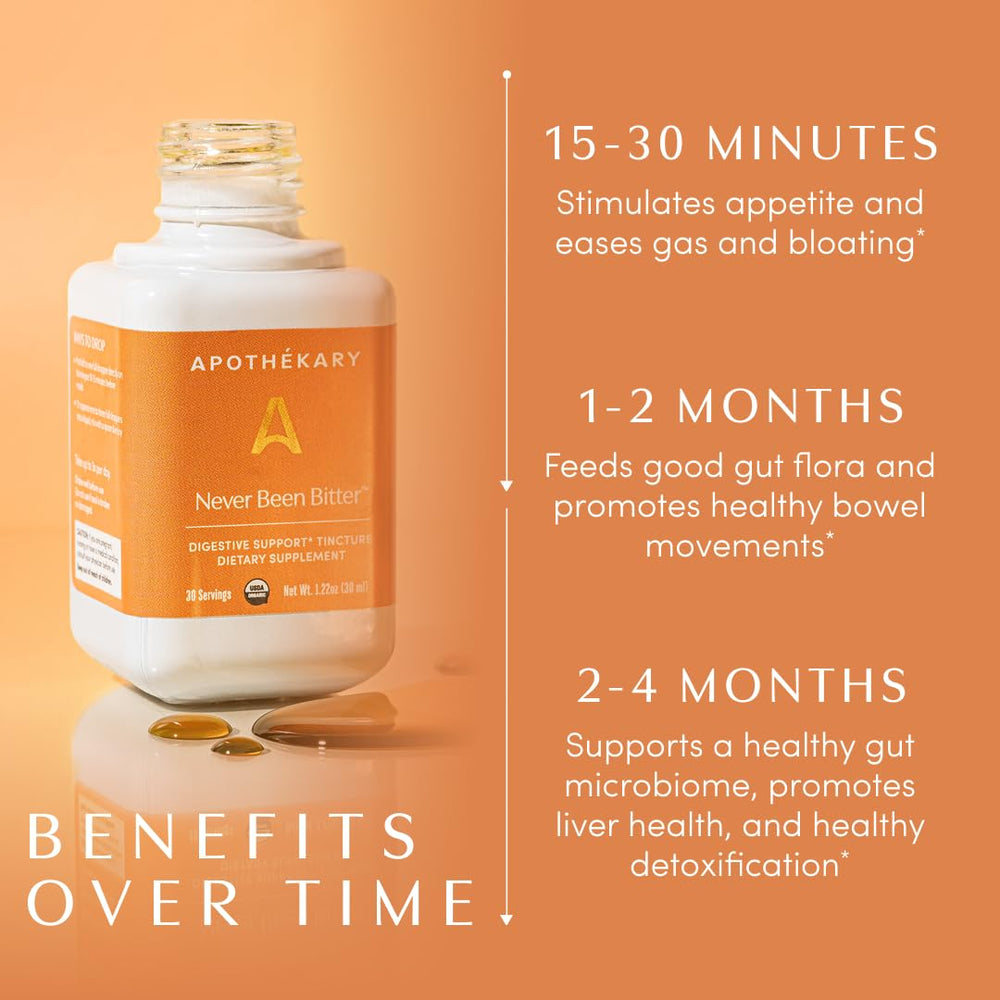 Apothekary Never Been Bitter label shows certifications and clean sourcing for trusted quality