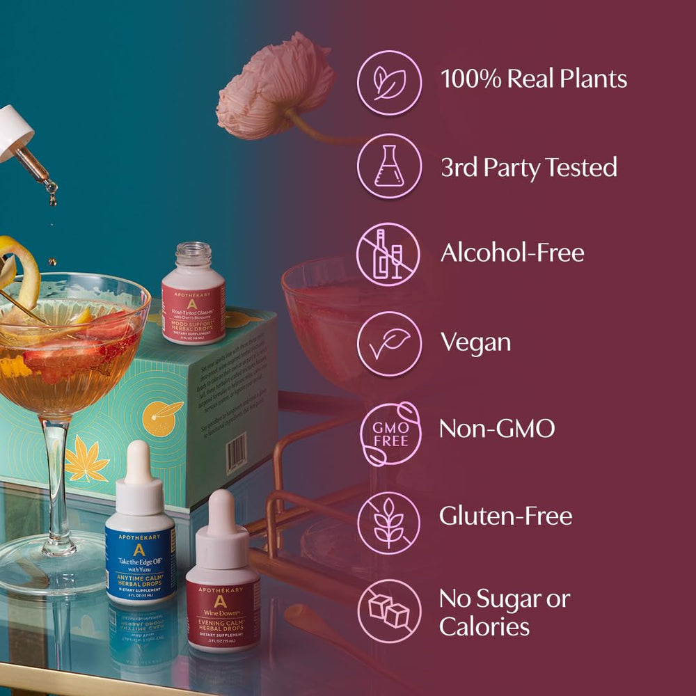 Apothékary Now key ingredients Schisandra and hibiscus illustrate calming herbal notes.