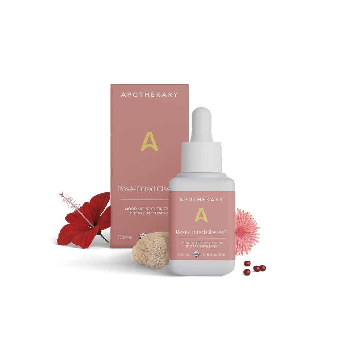 Apothékary Rosé-Tinted Glasses bottle and pour suggest a balanced mood option.