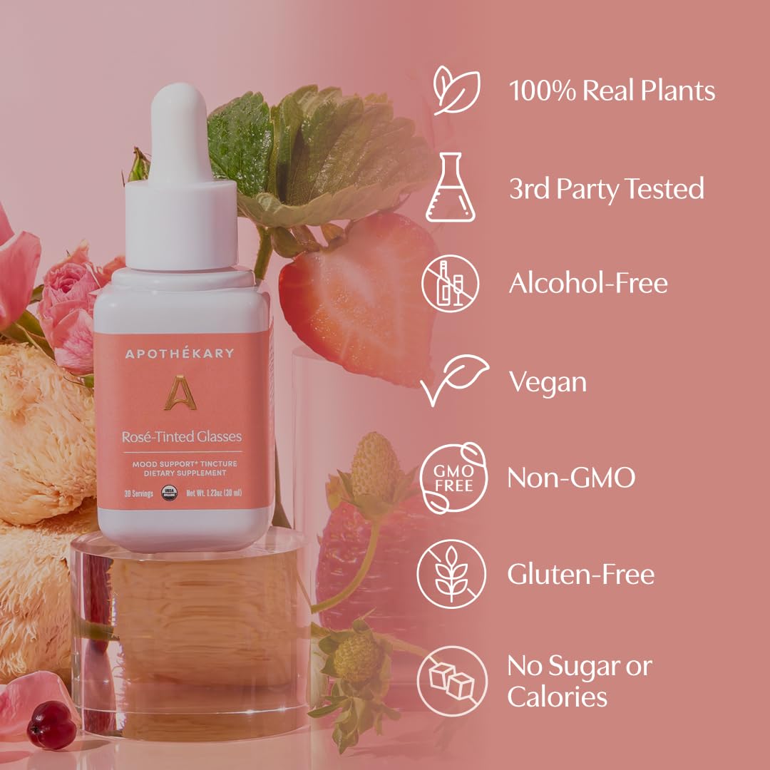 Apothékary Rosé-Tinted Glasses certifications: Organic, Vegan, Gluten-Free.