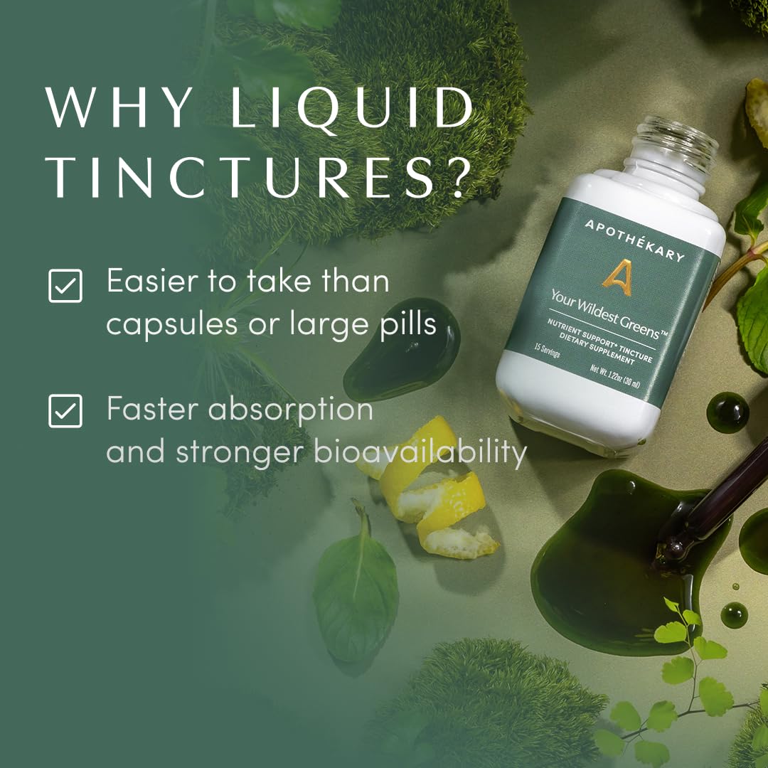 Apothékary Your Wildest Greens drops in a glass of water, ready to drink.