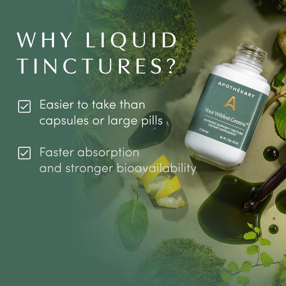 Apothékary Your Wildest Greens drops in a glass of water, ready to drink.