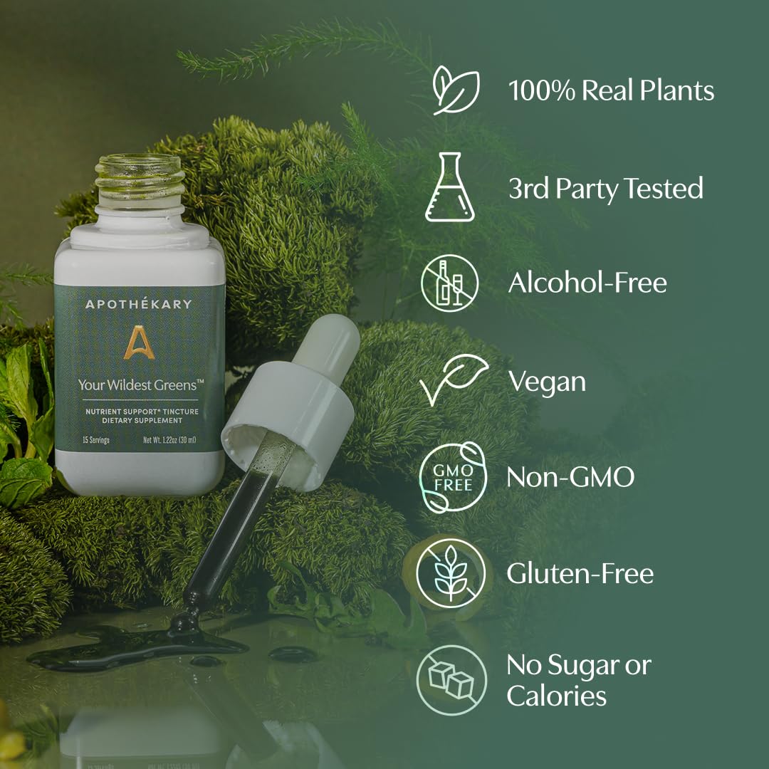 Close-up of Apothékary Your Wildest Greens label highlights vegan formulation and 15 servings.
