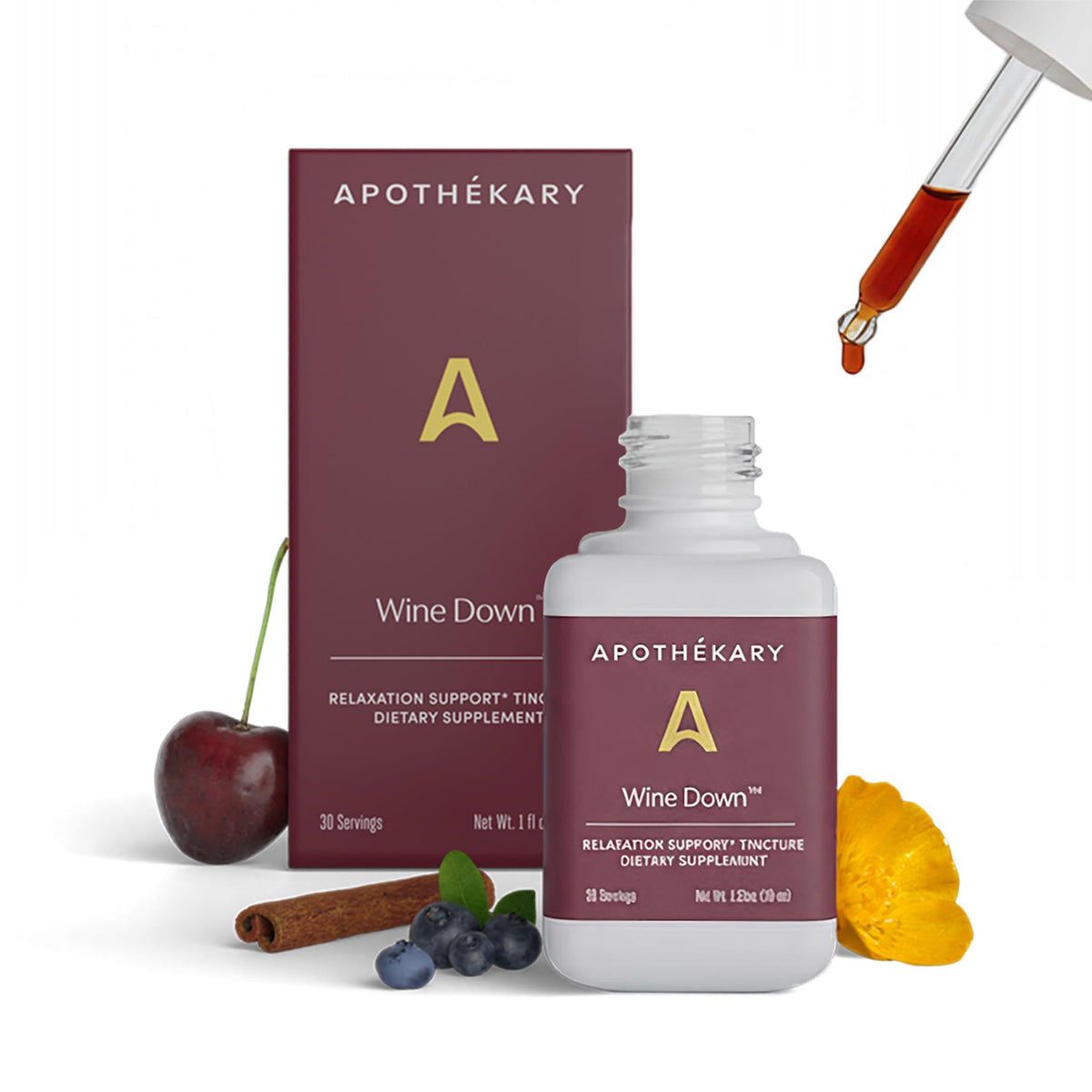 Apothekary Wine Down bottle shown for a calming evening routine.