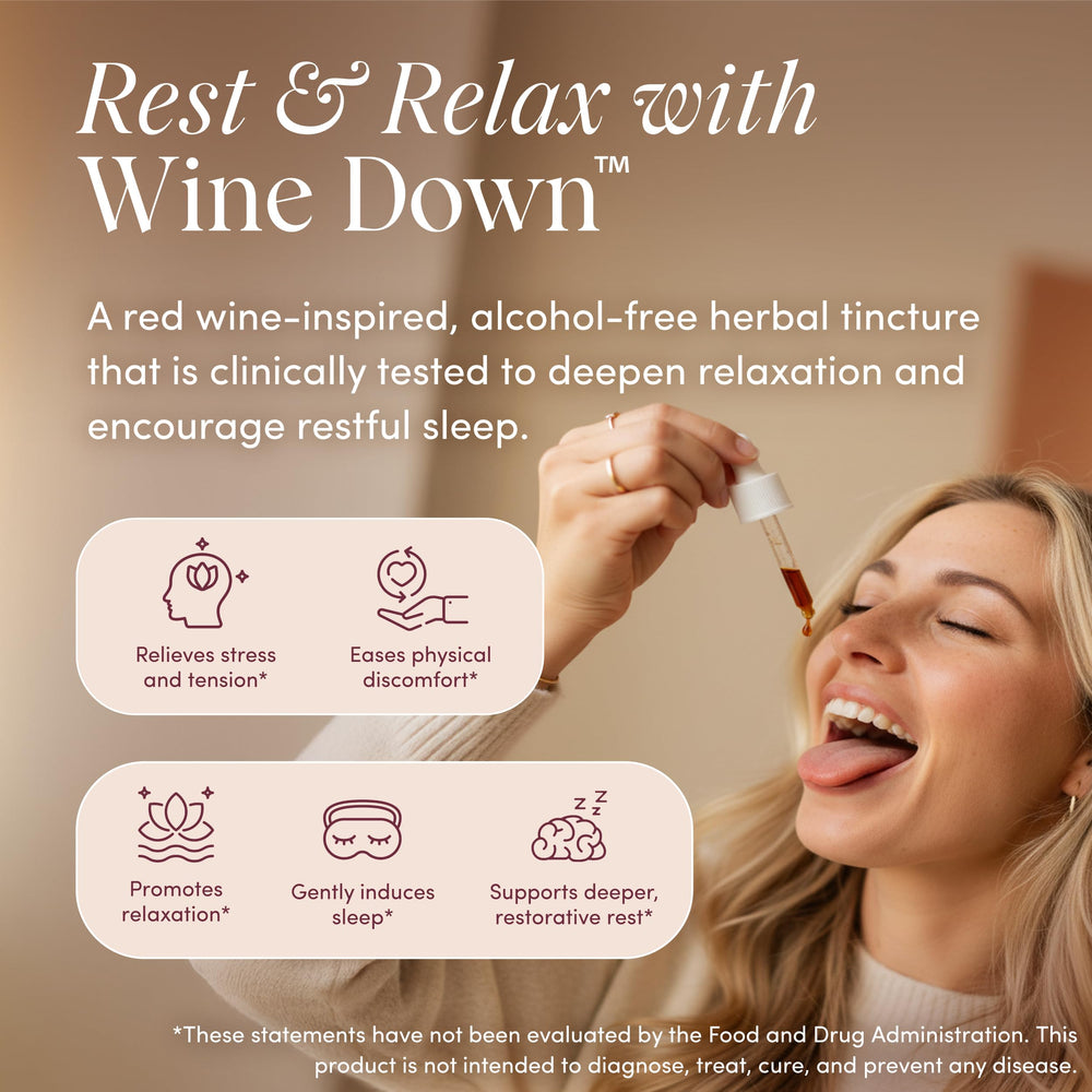 Wine Down dropper releasing calming drops for restful nights.