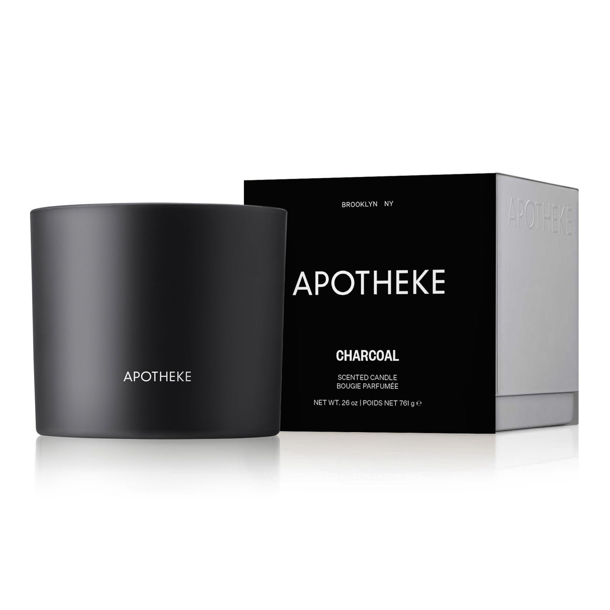 APOTHEKE Charcoal 3-Wick candle jar enhances ambience with long-lasting fragrance.