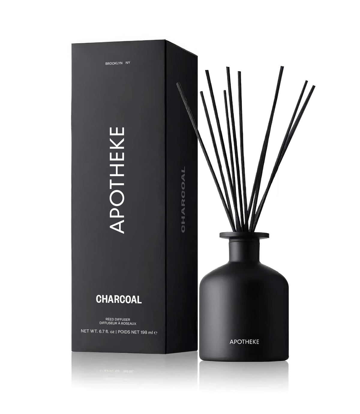 APOTHEKE Charcoal diffuser bottle delivering long-lasting fragrance for home spaces.