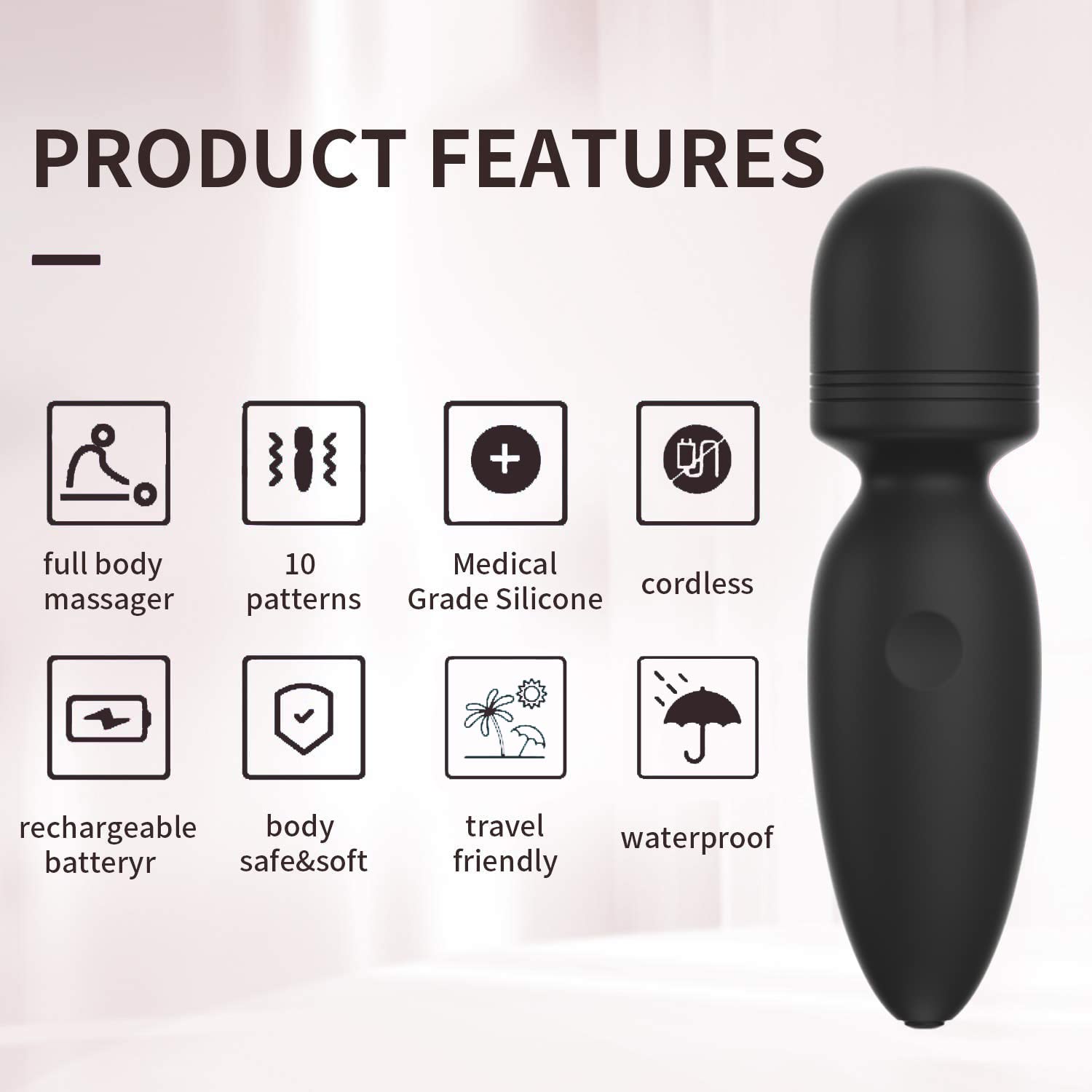 Apowand Mini Wand Massager with 10 modes for personalized massage sessions.