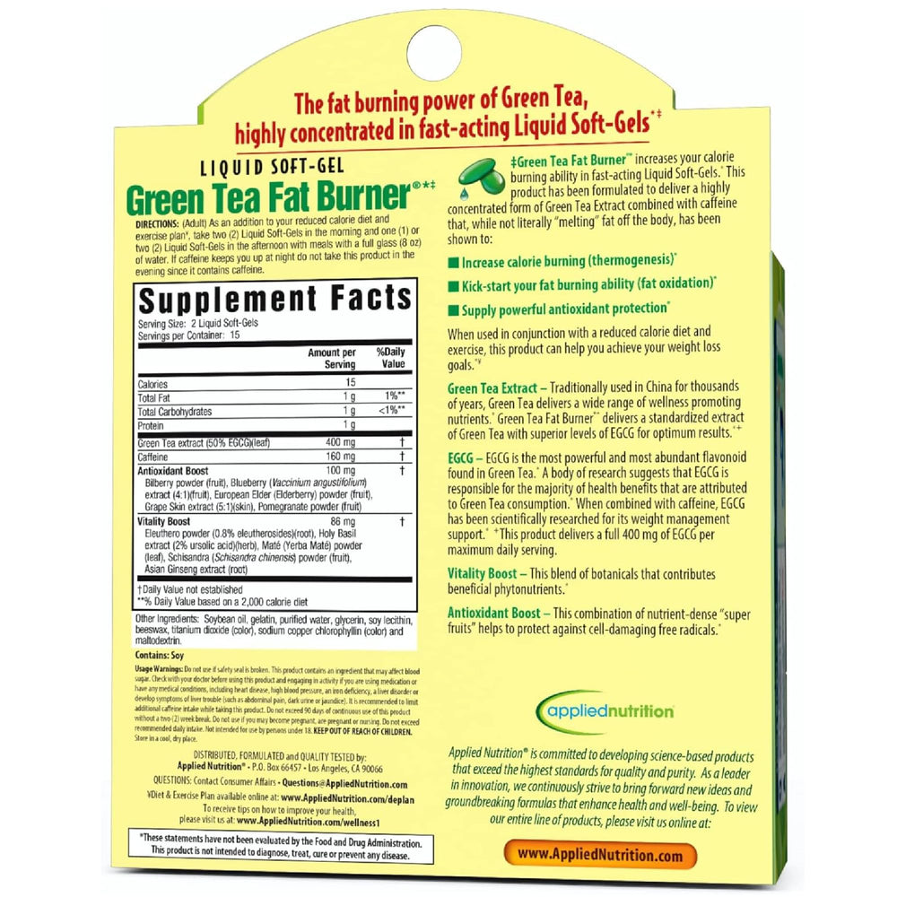 Applied Nutrition Green Tea Fat Burner 3-pack display promotes convenient daily routine and savings.