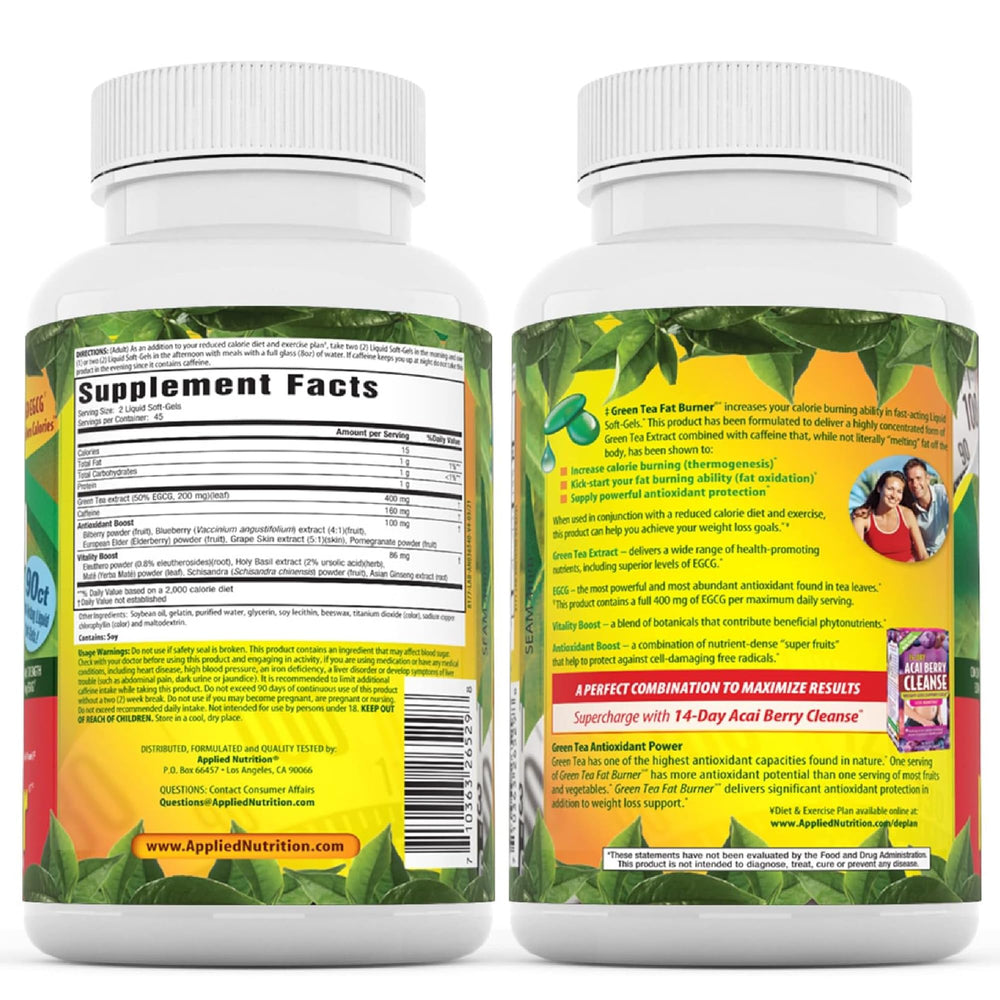 Applied Nutrition Green Tea Fat Burner antioxidants visual emphasizing fruity wellness boosters.