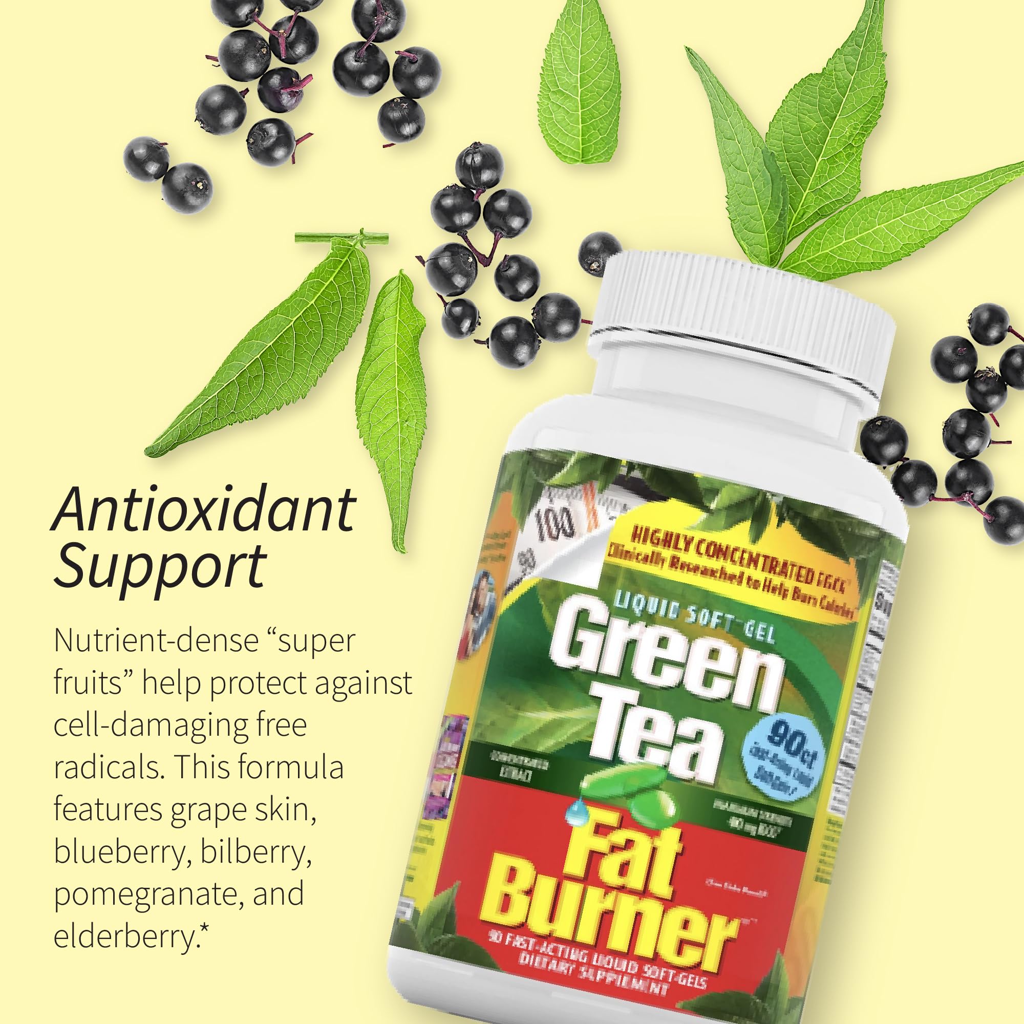 Applied Nutrition Green Tea Fat Burner ingredient-illustration highlighting grape skin and berry antioxidants.