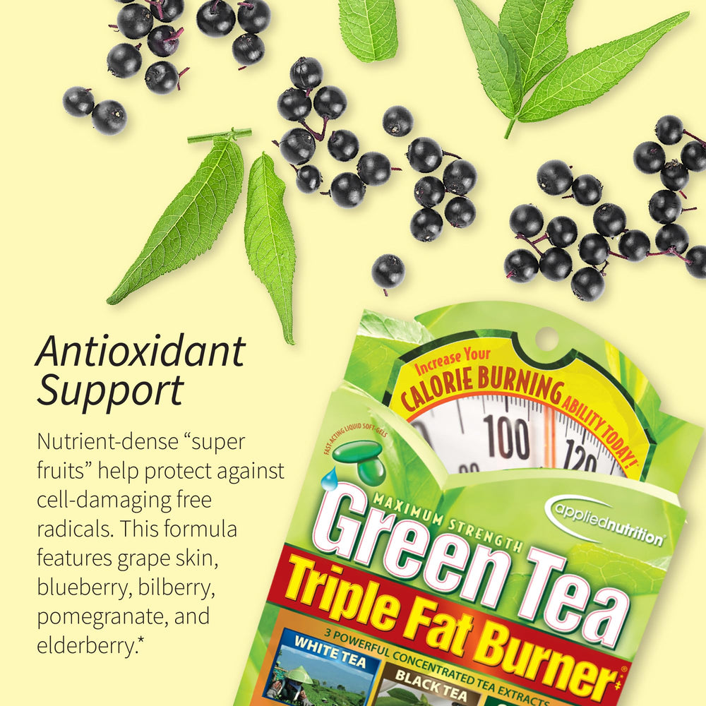 Applied Nutrition Green Tea Fat Burner ingredient panel highlights EGCG and caffeine.