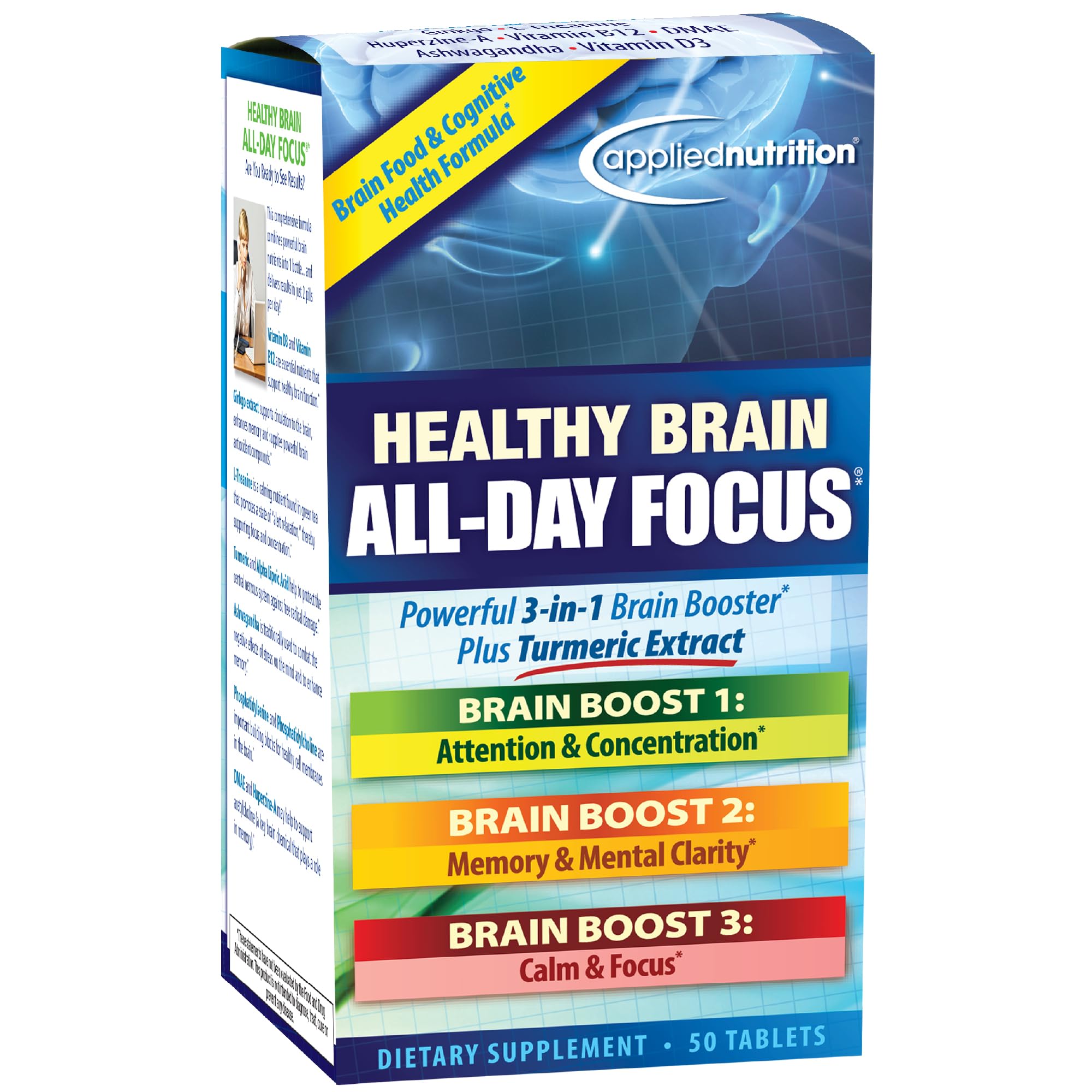 Applied Nutrition Healthy Brain All-Day Focus bottle front promotes all-day focus