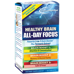 Applied Nutrition Healthy Brain All-Day Focus bottle front promotes all-day focus