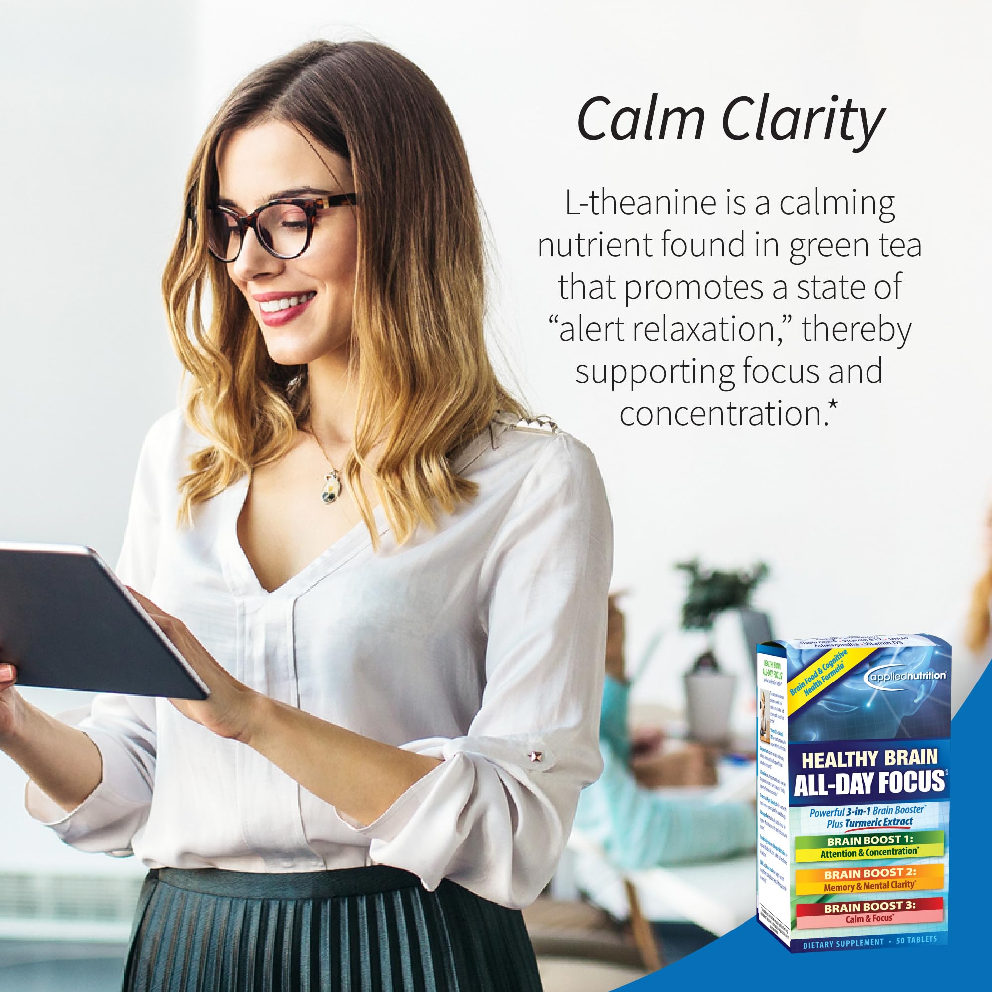 Applied Nutrition Healthy Brain All-Day Focus close-up tablets arranged for daily use